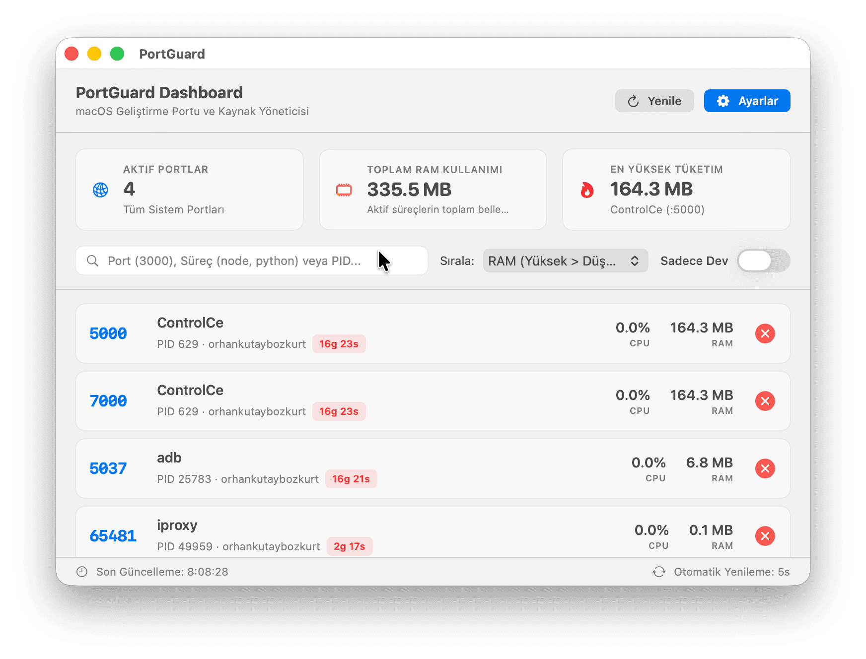 Dashboard — dinlenen tüm portları, PID'leri ve canlı RAM/CPU kullanımını tek ekranda gösterir.